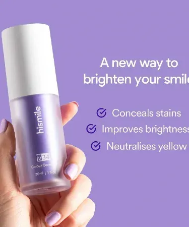 Hismile V34 Purple Whitening Toothpaste tube with purple cap, showing bright white teeth illustration, imagecaption=Hismile V34 Purple Whitening Toothpaste – effective stain removal and brightening for a confident smile