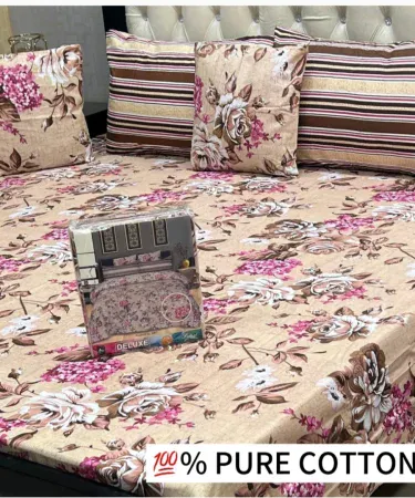 5‑Pc Pure Cotton King Size Bedsheet Set with 2 Pillow Covers & 1 Cushion Cover – Khareedo | Kharedo