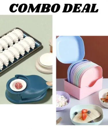 Pack of 2 10-piece multi-function spit bone plate set with 2-in-1 dumpling & samosa maker – premium food-grade kitchen set, imagecaption=Premium kitchen set featuring colorful spit bone plates and a 2‑in‑1 dumpling & samosa maker for home cooking and entertaining.