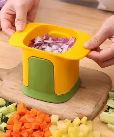 Multifunctional vegetable chopper with multiple blades for onion dicing, French fries, cucumber and potato slicing, imagecaption=All‑in‑one vegetable chopper from Khareedo|Kharedo – perfect for quick kitchen prep,