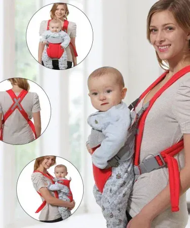 Multicolor adjustable baby carrier with strong safety belt, suitable for newborns and toddlers 3‑18 months, vibrant colors, ergonomic design, washable fabric, double‑sided adjustment, secure buckles.