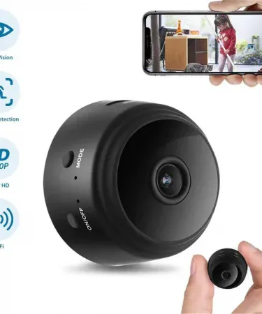 A9 WiFi Mini Camera HD 1080p wireless video recorder for infants and pets, sleek black design with night vision lens