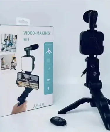 All‑in‑one video making kit with wireless remote, tripod, microphone, LED light and mobile holder