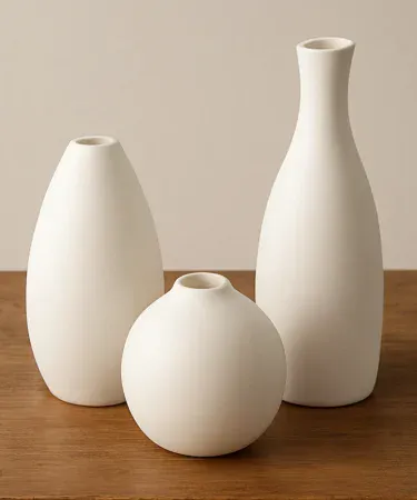 handmade white matte plaster of paris decorative vase set three pieces, lightweight POP vases for home décor, perfect for dry flowers and photography