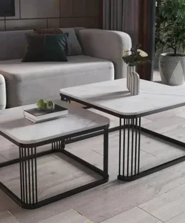 Modern Nesting Coffee Table Set with marble Lasani sheet top and iron frame, 2‑piece nesting design for living room or office