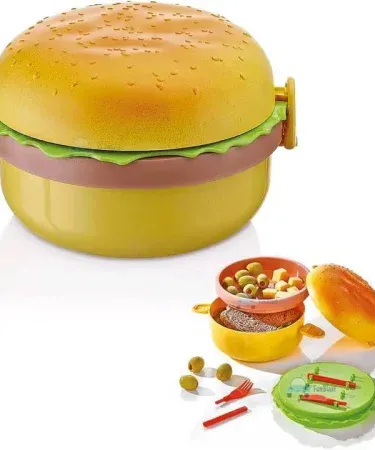 Kids burger‑shaped plastic lunch box with fork and spoon, 500‑800 ml capacity, perfect for school meals