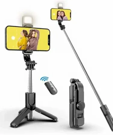 R1s Bluetooth Selfie Stick with LED Fill Light, Remote Control, and 3‑in‑1 Tripod Stand – Black version, imagecaption=R1s 3‑in‑1 Bluetooth selfie stick with LED light and remote, perfect for selfies, vlogging, and live streaming.