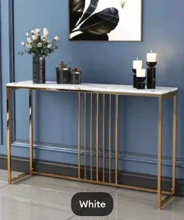 Luxury console table with black marble top and golden metal frame in a modern living room, imagecaption=Elegant black marble top console table with golden metal frame – perfect for hallways and entryways.