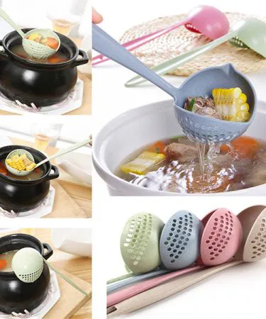 2‑in‑1 plastic ladle and spoon strainer with long handle – cute kitchen tableware, perfect for soups and frying