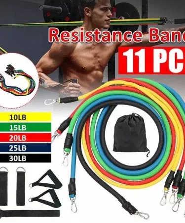 11PCS Power Exercise Resistance Band Set 5‑in‑1 – Fitness Bands for Men and Women, includes 5 bands, handles, ankle straps, door anchor, and pouch, imagecaption=Complete 11‑piece resistance band set for versatile home workouts – available on Khareedo & Kharedo with COD.