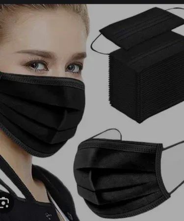 Black disposable face mask box containing 50 single‑use masks, premium quality, suitable for daily protection
