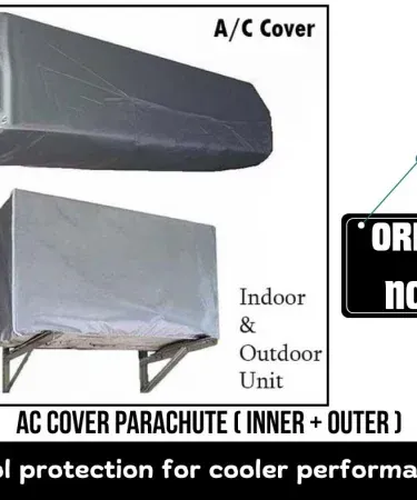 Waterproof parachute AC cover protecting inner and outer units, universal fit 1‑2 ton, suitable for outdoor use,imagecaption=Universal fit waterproof parachute AC cover for 1‑2 ton split AC units – ideal protection for indoor and outdoor installations.
