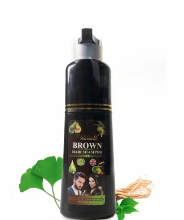 Yardlie Dark Brown Hair Color Shampoo bottle placed on a bathroom shelf with a soft towel background , imagecaption=Yardlie Dark Brown Hair Color Shampoo – vibrant dark brown shade for healthy, shiny hair, available on Khareedo & Kharedo with Check on Delivery (COD) ,