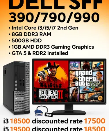 Dell SFF 390/790/990 desktop with Intel i5 2nd Gen processor, 8 GB DDR3 RAM, 500 GB HDD, 1 GB AMD DDR3 gaming graphics, GTA 5 installed, VGA adapter, imagecaption=Dell SFF 390/790/990 – Compact Gaming Desktop with Pre‑installed GTA 5, available at Khareedo/Kharedo,