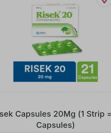 Risek Capsules 20Mg strip containing 7 capsules, imagecaption=Risek Capsules 20Mg – 7 capsules per strip.