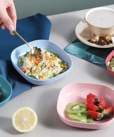 Pack of 2 10-piece multi-function spit bone plate set with 2-in-1 dumpling & samosa maker – premium food-grade kitchen set, imagecaption=Premium kitchen set featuring colorful spit bone plates and a 2‑in‑1 dumpling & samosa maker for home cooking and entertaining.