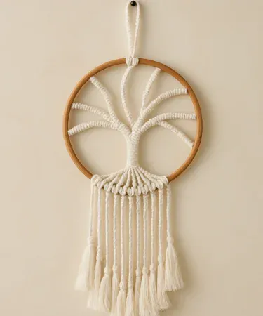 Handmade tree shape macrame wall hanging in natural off‑white cotton cord, perfect boho home décor
