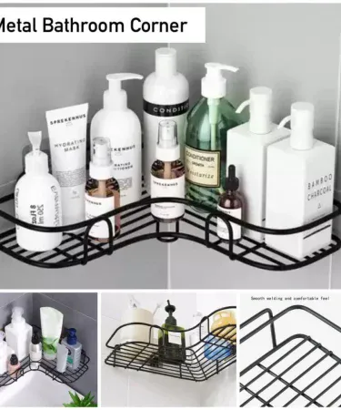 Bathroom Kitchen Punch Corner Frame Shower Shelf – wrought iron shampoo storage rack mounted on a tiled wall, perfect for bathroom and kitchen organization.