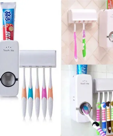 Wall‑mounted automatic toothpaste dispenser with 5 brush holder – hands‑free bathroom organizer