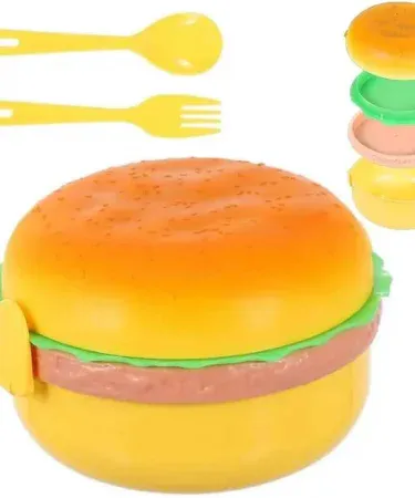 Kids burger‑shaped plastic lunch box with fork and spoon, 500‑800 ml capacity, perfect for school meals
