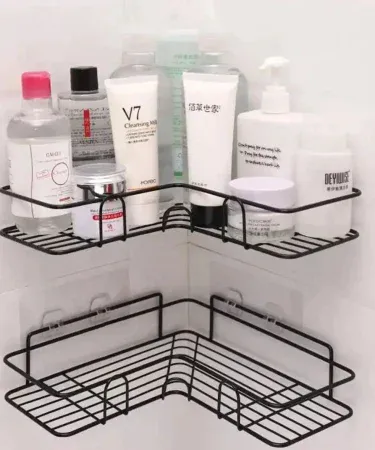 Bathroom Kitchen Punch Corner Frame Shower Shelf – wrought iron shampoo storage rack mounted on a tiled wall, perfect for bathroom and kitchen organization.