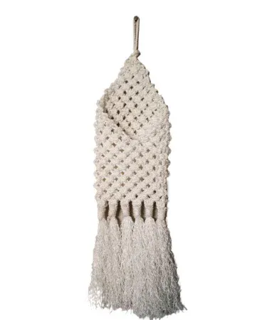 Hand‑made macrame mobile holder hanging on a wall, showcasing silk‑dori knots and a smartphone placed securely.