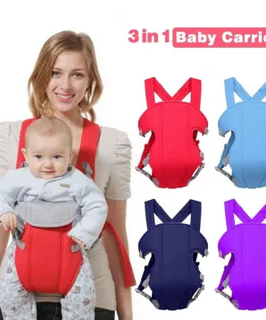 Multicolor adjustable baby carrier with strong safety belt, suitable for newborns and toddlers 3‑18 months, vibrant colors, ergonomic design, washable fabric, double‑sided adjustment, secure buckles.