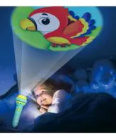Kids Bedtime Projector Flashlight projecting cartoon images on a bedroom wall, creating a cozy night-time atmosphere.