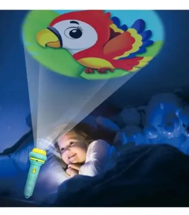 Kids Bedtime Projector Flashlight projecting cartoon images on a bedroom wall, creating a cozy night-time atmosphere.
