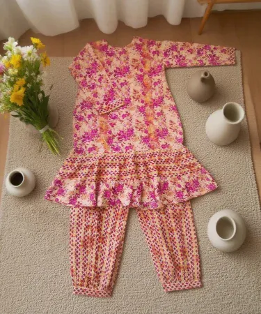 Pink laen dress for girls – stylish summer outfit available on Khareedo | Kharedo, perfect for parties and casual wear.