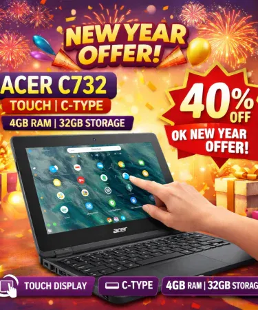 Acer C732 Touch Chromebook with 11.6 inch touch display and keyboard, imagecaption=Acer C732 Touch Chromebook – Ideal for students, kids, and online work.