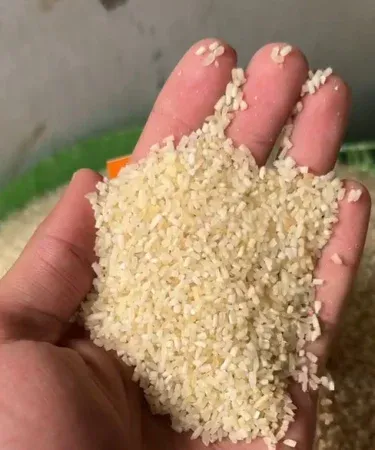 Rice broken yellow 1 kg packaged in a sealed bag, showing fresh yellow broken rice grains.