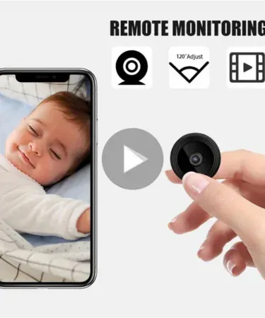 A9 WiFi Mini Camera HD 1080p wireless video recorder for infants and pets, sleek black design with night vision lens