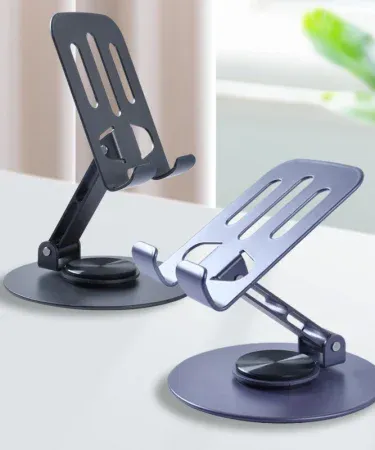Multi‑Angle 360° rotating metal phone and tablet stand – foldable, universal, elegant design for hands‑free use.