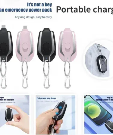 iPhone keychain portable power bank with retractable plug, waterproof ABS case and built‑in carabiner – compact 1200 mAh charger for iPhone and Android devices