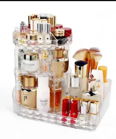 New Rotating Cosmetic Organizer Storage Beauty Box Detachable 360° – sleek acrylic makeup organizer with 360° swivel base, detachable lid, and multiple compartments for brushes and palettes.