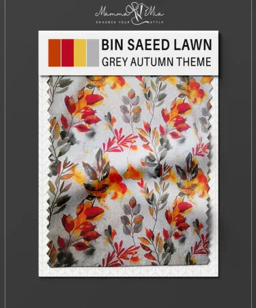 Autumn Style Applic Neck Lawn 2‑Piece soft grey suit with orange, red and yellow floral prints, knee‑length, long sleeves, modern neckline and bold sleeve stripes