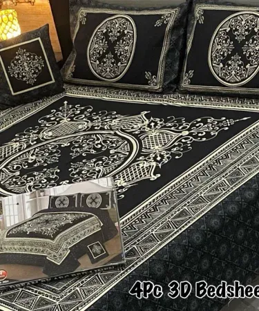 4Pc 3D Panel King Size Crystal Cotton Bedsheet – premium luxury bedding set, imagecaption=Premium 4‑piece 3D panel king size crystal cotton bedsheet set from Khareedo | Kharedo.