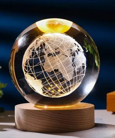 3D Crystal Ball Lamp with Galaxy Design and Wooden Base