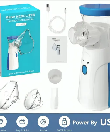 Mesh Portable Nebulizer Machine – compact USB rechargeable nebulizer for kids and adults, silent operation, includes mask and mouthpiece