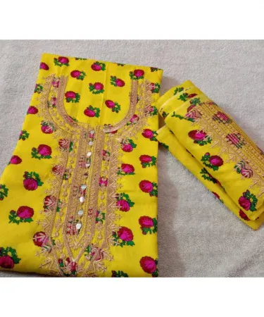 Unstitched printed Balochi Marina ladies suit with beautiful rose print, premium marina fabric, 2‑piece set, perfect for weddings and cultural events.