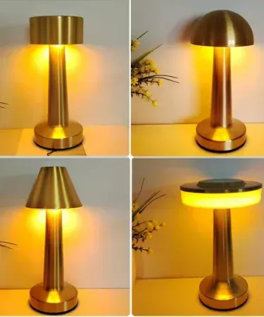 Rechargeable mushroom‑shape metal touch LED table lamp with USB‑C charging on a bedside table, dimmable night light for bedroom and office