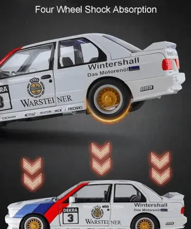 1:24 BMW M3 E30 diecast model with sound and LED light effects, pull‑back action, and openable doors, hood and trunk, imagecaption=Realistic 1:24 scale BMW M3 E30 supercar alloy diecast model – perfect for collectors and kids.