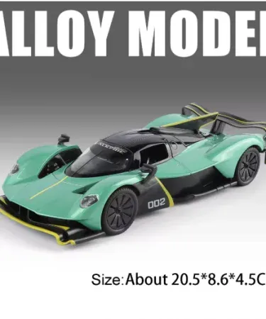 1:24 Aston Martin Valkyrie GT‑R50 alloy diecast model car with metal body, open doors and realistic wheels, displayed on a collector’s shelf