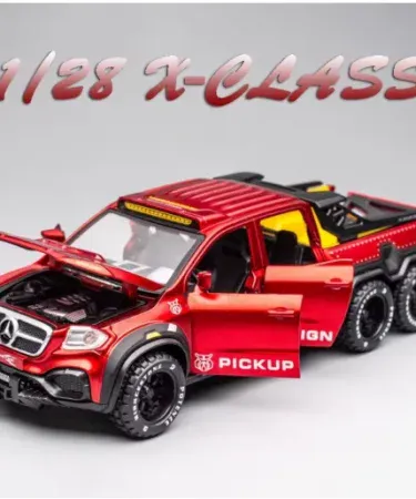 1:28 Mercedes Benz X-Class EXY 6X6 alloy diecast model with metal body, pull‑back function, light & sound effects and openable doors