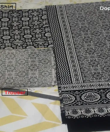 Premium Unstitched Ajrak Suit for Women – vibrant Sindhi cotton dress with traditional block prints, 3‑piece set (shirt, trousers, dupatta)