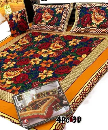 4‑Piece 3D Crystal Cotton King Size Bedsheet Set with 2 Pillowcases and Cushion Cover – premium cotton bedding for double beds, Khareedo Kharedo Pakistan