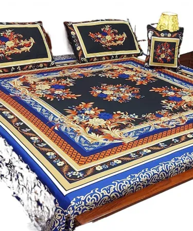 4‑piece 3D crystal cotton king size bedsheet set with double sheet, two pillowcases and one cushion cover displayed on a neatly made bed, showcasing the vibrant crystal weave pattern.