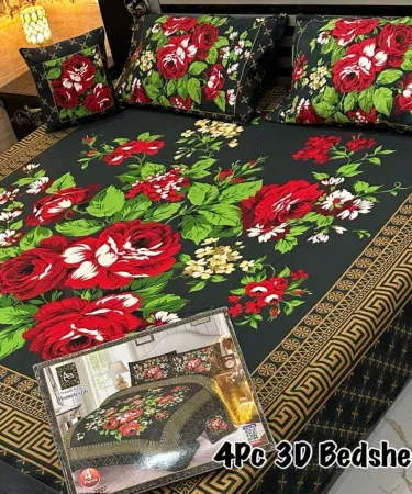 4‑piece 3D crystal cotton king size double bedsheet set with two pillow covers and one cushion cover displayed on a stylish bedroom