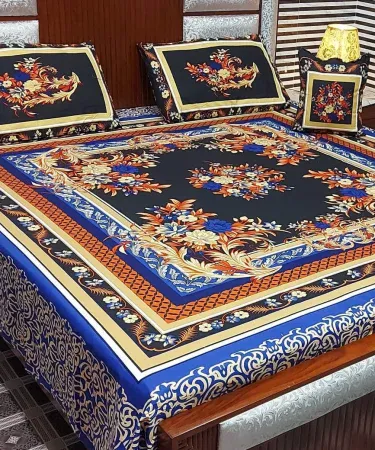 4‑piece 3D crystal cotton king size bedsheet set with double sheet, two pillowcases and one cushion cover displayed on a neatly made bed, showcasing the vibrant crystal weave pattern.